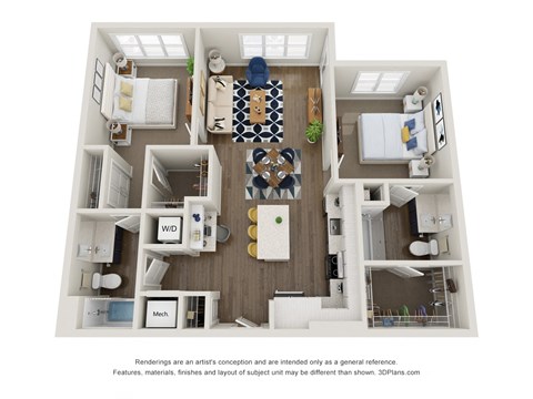Floor plan for 2 beds, 2 baths, 1132 sqft